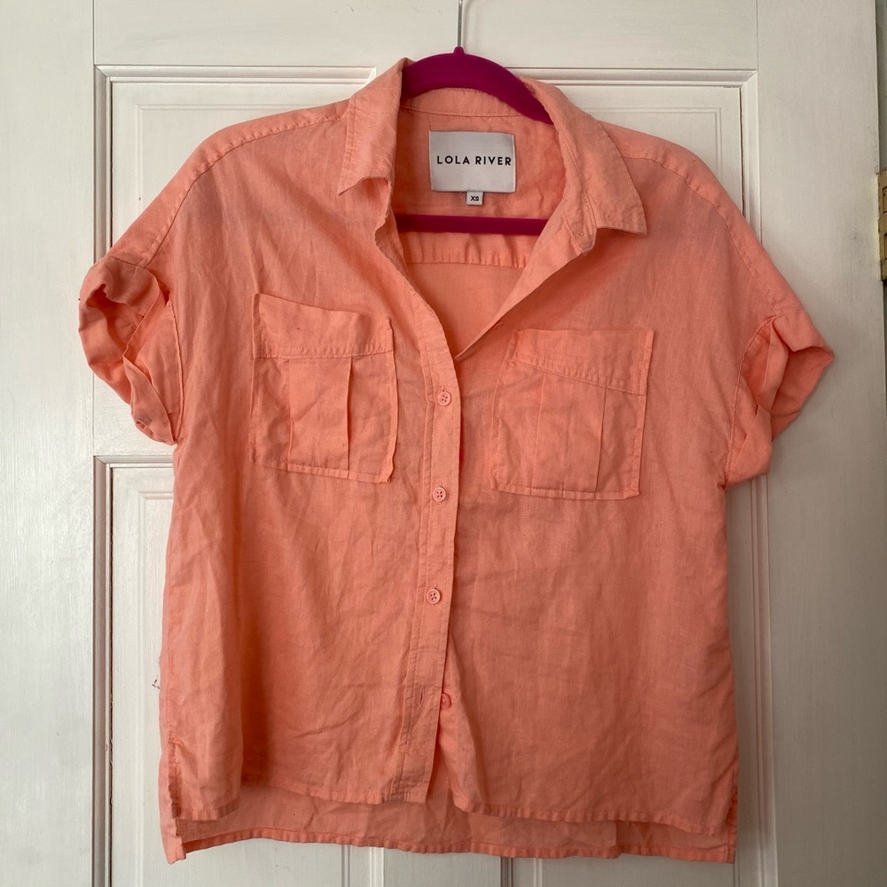 Lola River Peach Linen Button-Up Shirt Size XS Oversized #ResortWear # Beach